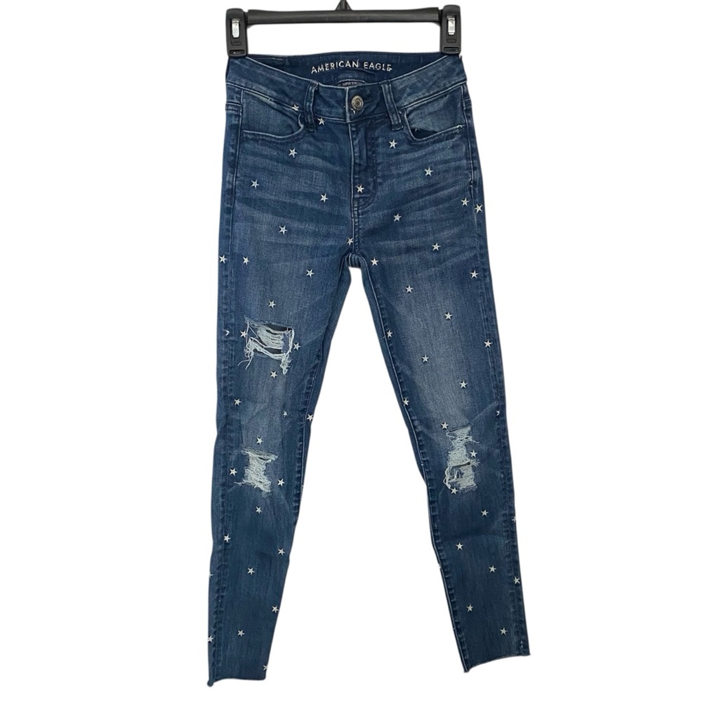American Eagle Womens High Rise Jegging Sz 0 Embroidered White Stars Distressed - Picture 2 of 10